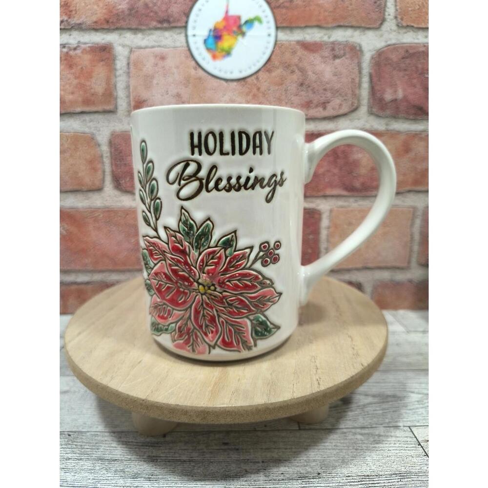 Spectrum Designz Camden Poinsettia 16oz Ceramic Coffee Mug Holiday Blessings NWT